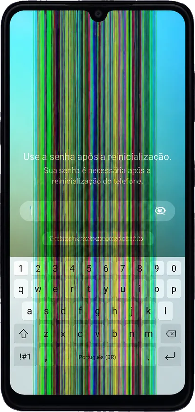 Galaxy A05s com a tela quebrada, mostrando listras coloridas verticais